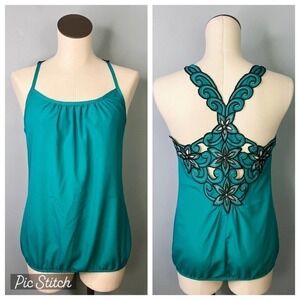 Charlotte Russe Racerback Floral Embroidered Cutout Tank Blouse Teal Women's S